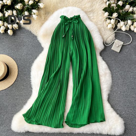 Pantaloni pentru femei cu talie înaltă elastică, cu șnur ajustabil, stil plisat, pantaloni largi, pantaloni casual de culoare solidă