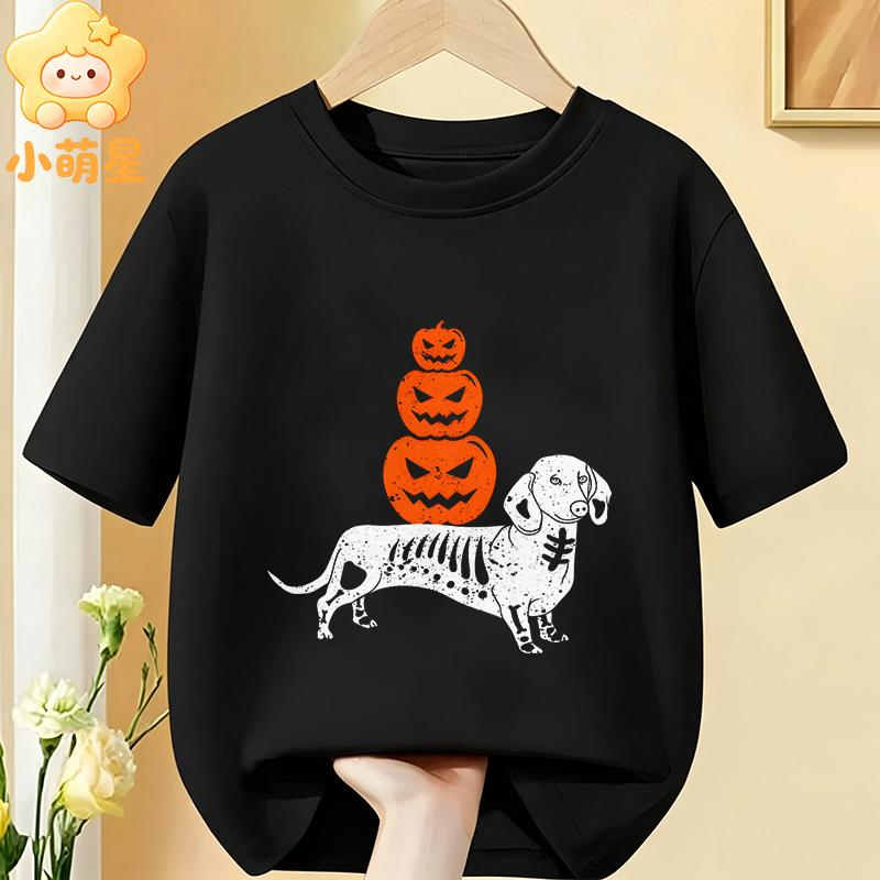 Halloween Skelett Dackel Kürbisdruck Kinder T-Shirt Reine Baumwolle Jungen Mädchen Kurzarm Rundhals Lässig Grafik Kinder Oberteile