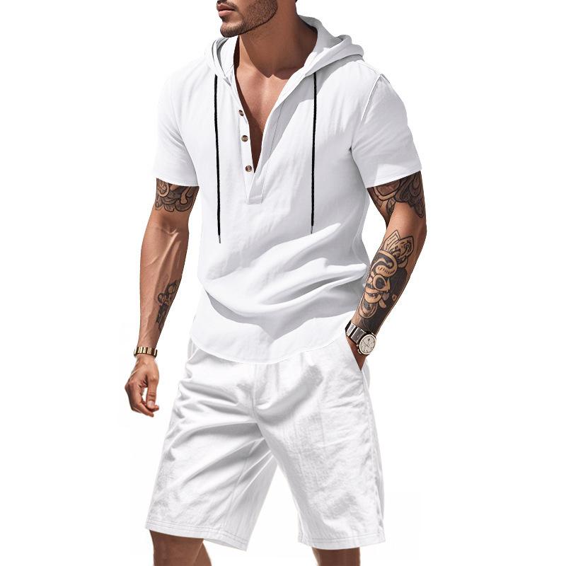 Men S Short Sleeve Shirt Shorts Set Hooded Summer Beach Casual S белый