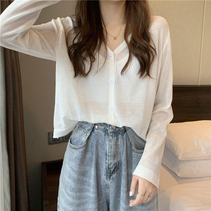 2024 Korean Style V-Neck Loose Knit Cardigan - Spring & Autumn Women's Long Sleeve Outerwear