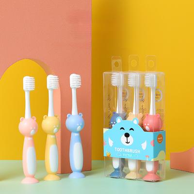Cute Cartoon Bear Can Stand Suction Cup Soft Bristle Toothbrush 3 Sets for 3-6 Year Old Baby Toothbrush Soft Bristle