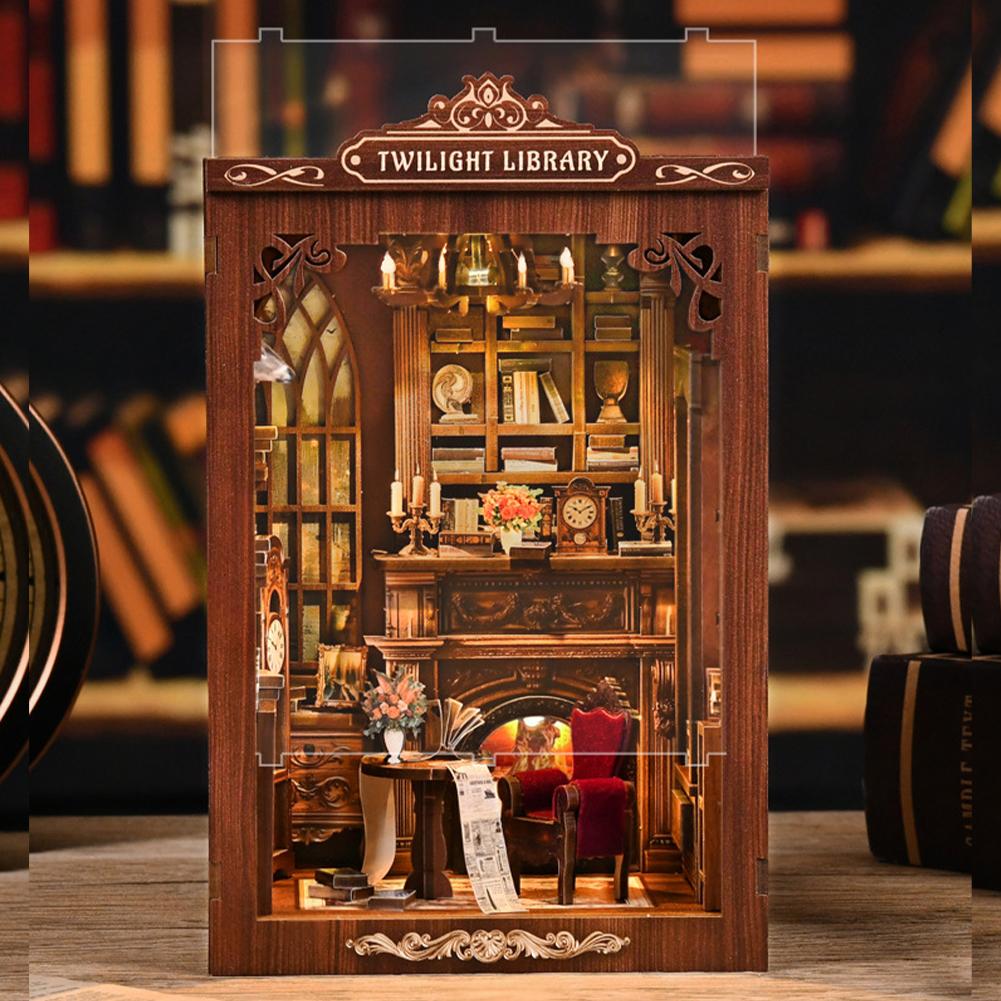 DIY Book Nook Miniature Wooden Dollhouse with Light Bookshelf Insert Decoration Model for Bookshop Memories 3D Puzzle Assembly