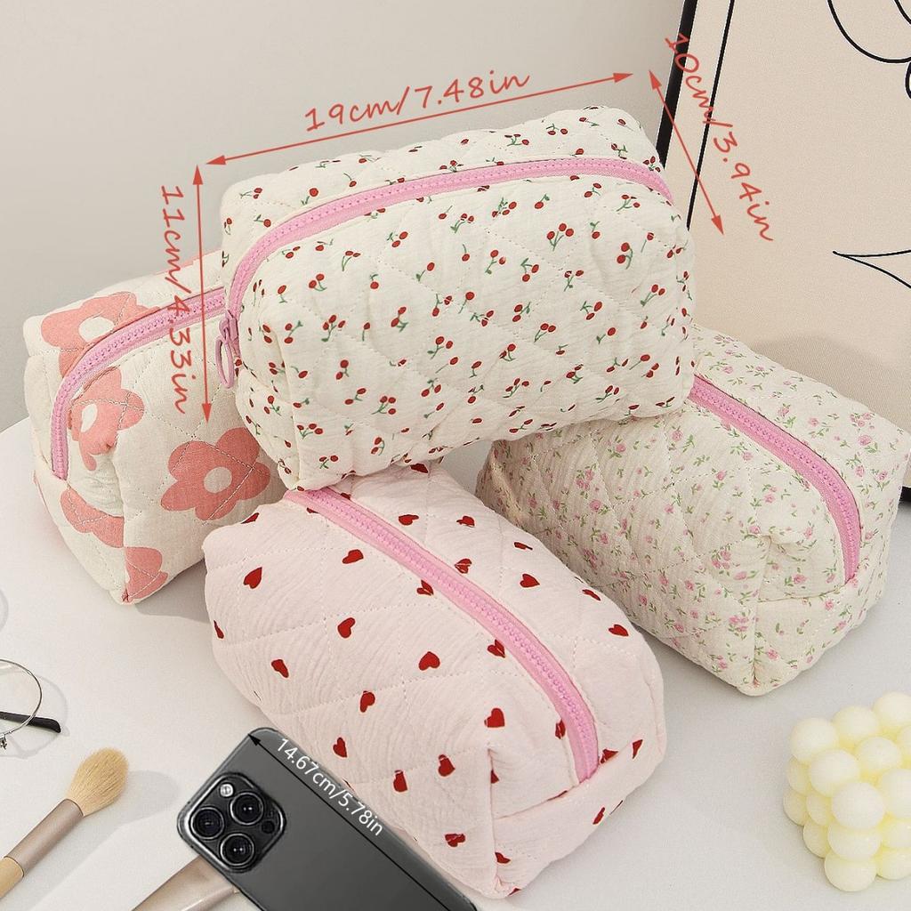 Floral Heart Print Cotton Makeup Bag For Women Travel Large Capacity Cosmetic Storage Bag Wash Pouch Student Stationery Pen Bag