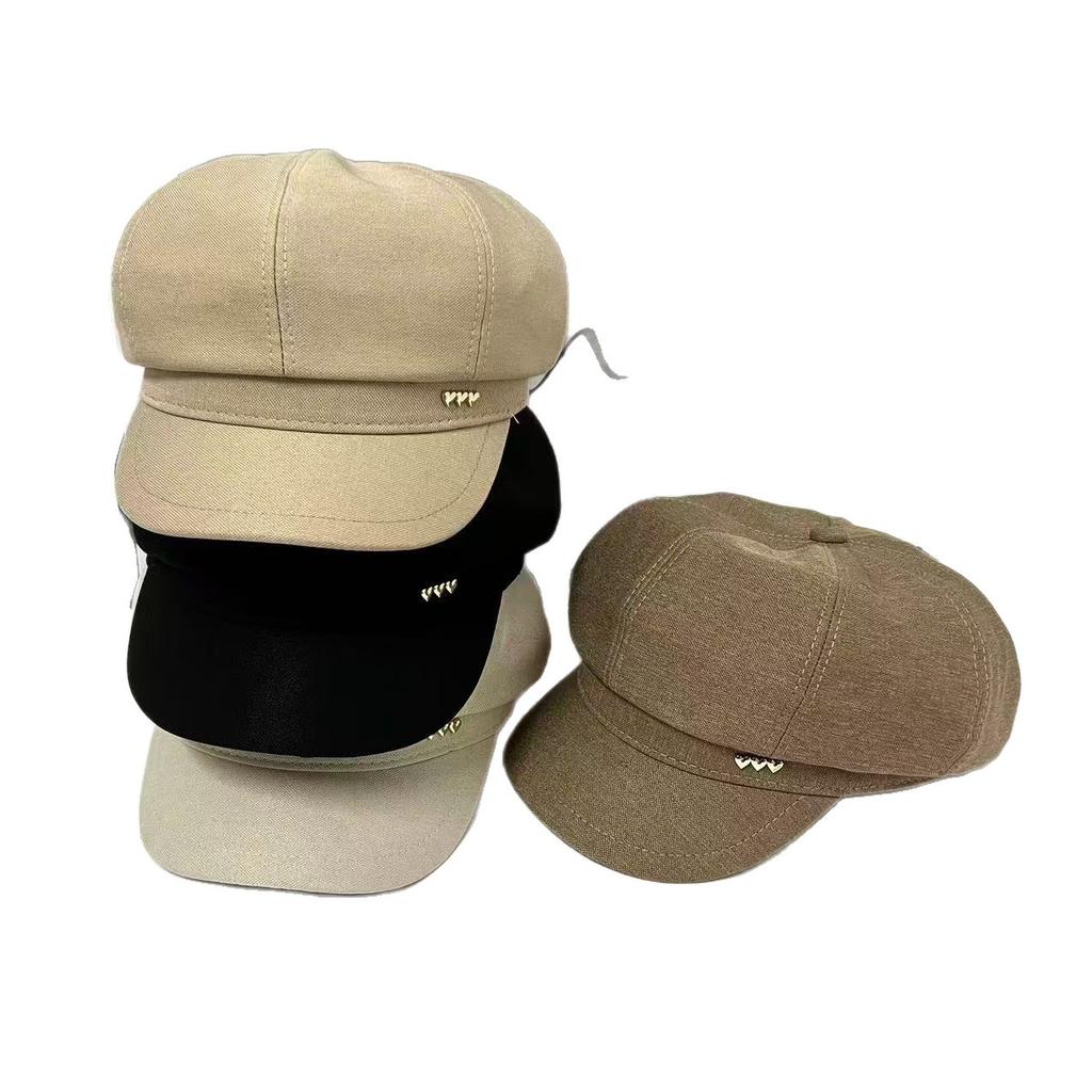 New Metal Standard Octagonal Hat Female Face Small Beret Casual Versatile Temperament Newsboy Hat English Letters