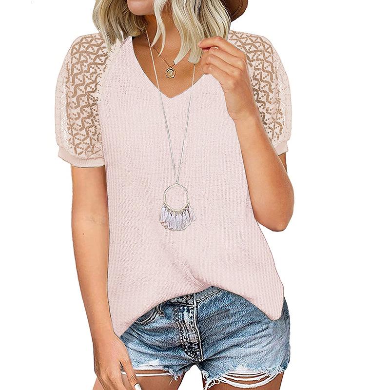European and American Women's Waffle Lace V-Neck Short-Sleeve T-Shirt - 2022 Spring/Summer Collection