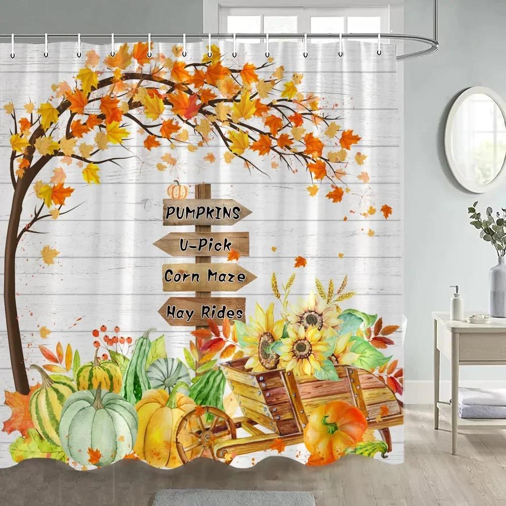 Fall Pumpkin Shower Curtains Yellow Maple Leaves Sunflower Black And White Buffalo Check Rustic Autumn Bathroom Decor With Hooks
