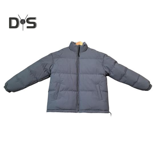 Women Men Cotton Coat Stand Collar Long Sleeve Drawstring Hem Puffer Jacket with Pockets Loose Fit Warm Winter Outerwear