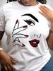 Dames T-shirt in Europese maat met Handgeschilderd Halve Gezicht Ontwerp, Basic Top met Ronde Hals, Modieus voor Lente, Herfst en Zomer, Korte Mouwen