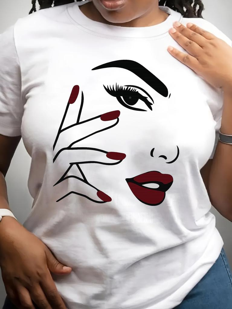 Dames T-shirt in Europese maat met Handgeschilderd Halve Gezicht Ontwerp, Basic Top met Ronde Hals, Modieus voor Lente, Herfst en Zomer, Korte Mouwen