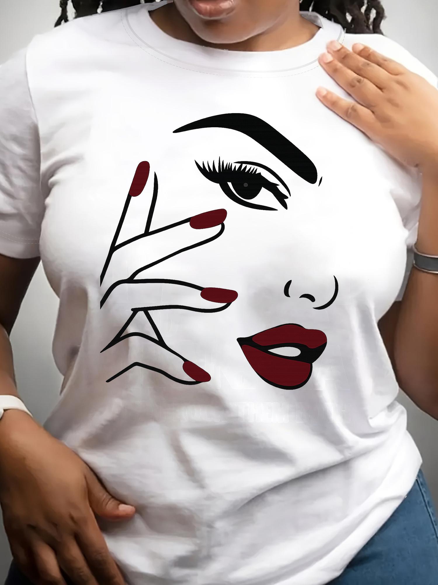 

Женская футболка европейского размера с ручной росписью в виде половины лица, Базовый топ с круглым вырезом, Модный для весны, осени и лета, С короткими рукавами S белый