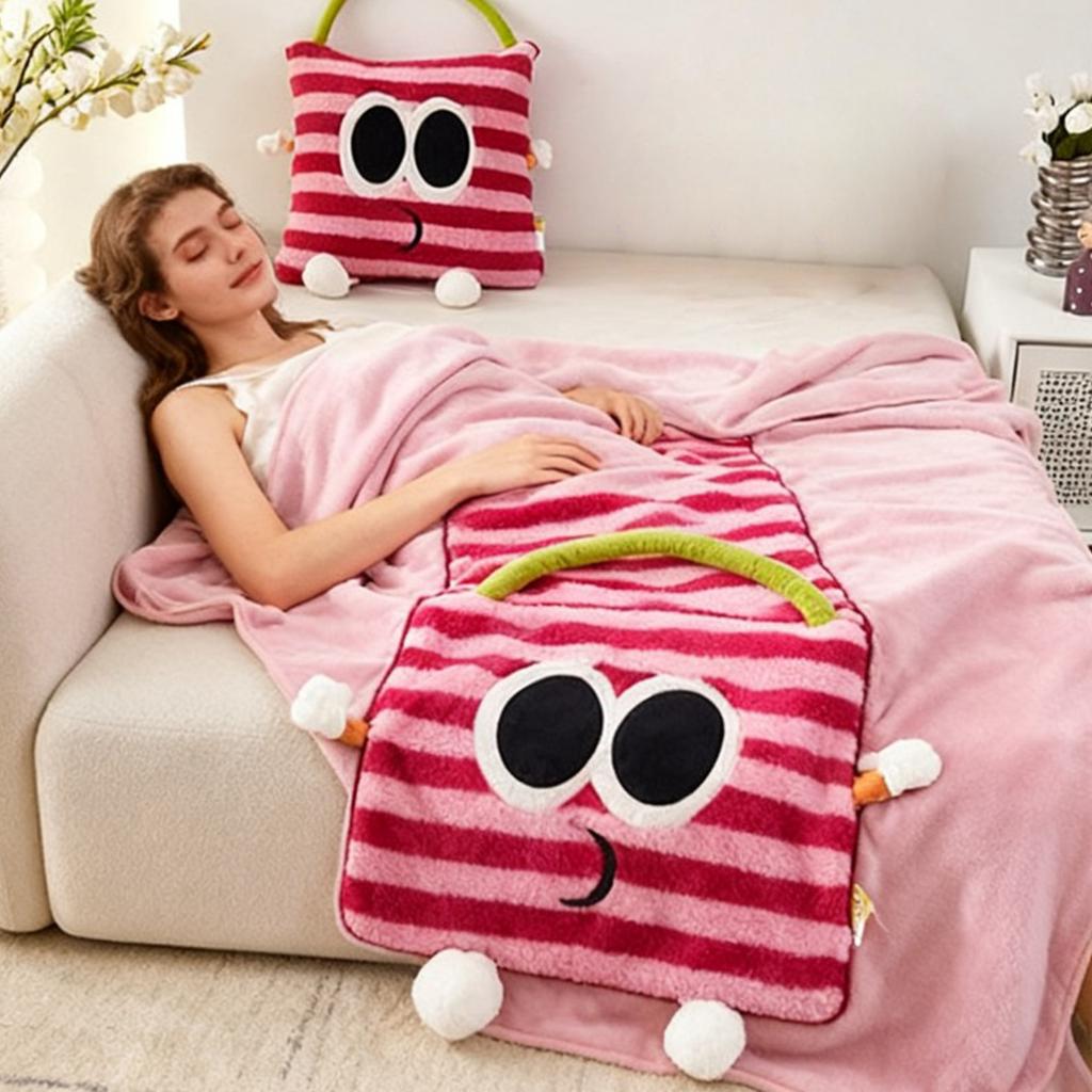 Big-eyed Embroidered Lamb Wool Flannel Blanket For Lunch Break, Work, And Car Use, Cartoon Cushion Pillow Blanket