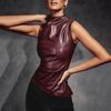 Women's European & American Style 2024 Leather Mock Neck Sleeveless Top with Asymmetrical Hem