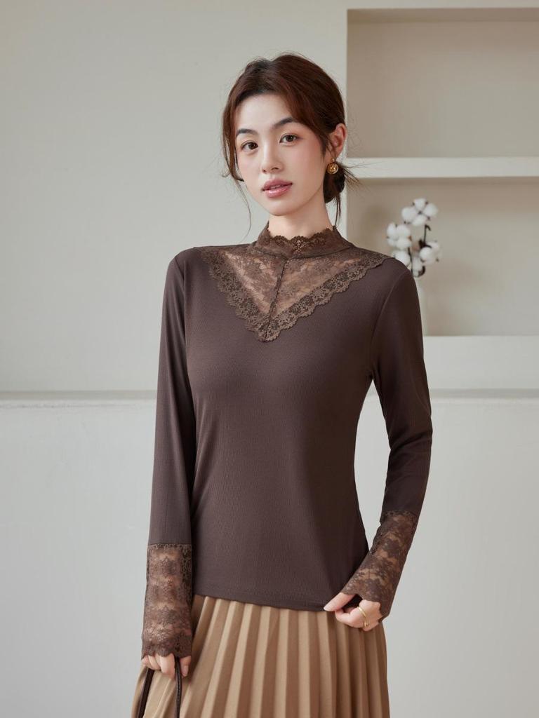 Women's Long-Sleeve Lace Semi-High Neck Fleece Mesh Top for Autumn/Winter
