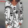 New Women's Fashion Trend Clothing Loose Casual Long Sleeve Character Printed V Neck Shirt & Blouses Plus Size Tops