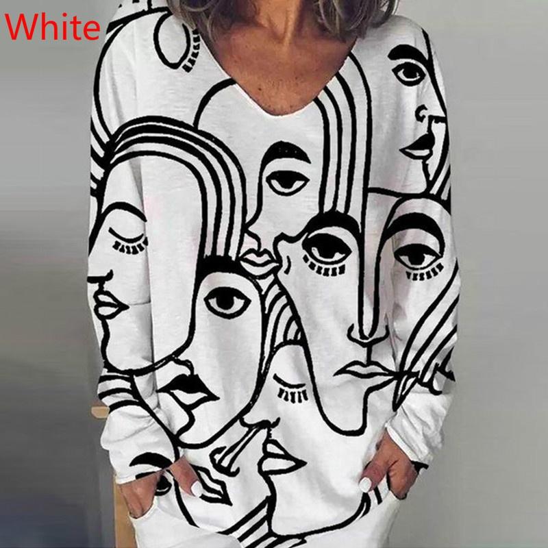 New Women's Fashion Trend Clothing Loose Casual Long Sleeve Character Printed V Neck Shirt & Blouses Plus Size Tops