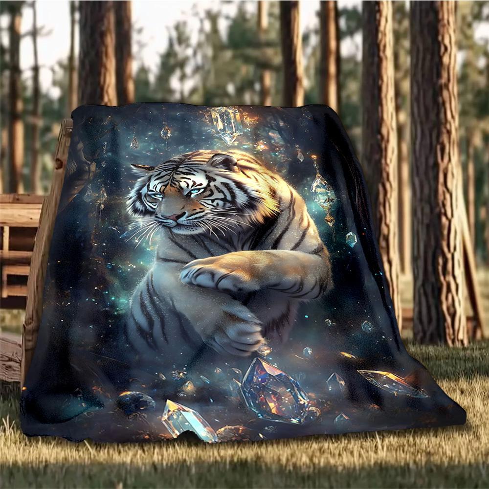 1pc Tiger Crystal Fantasy Throw Blanket Polyester Fiber, Lightweight Flannel, Soft & Warm, All Season Use for Outdoor, Camping Digital Print