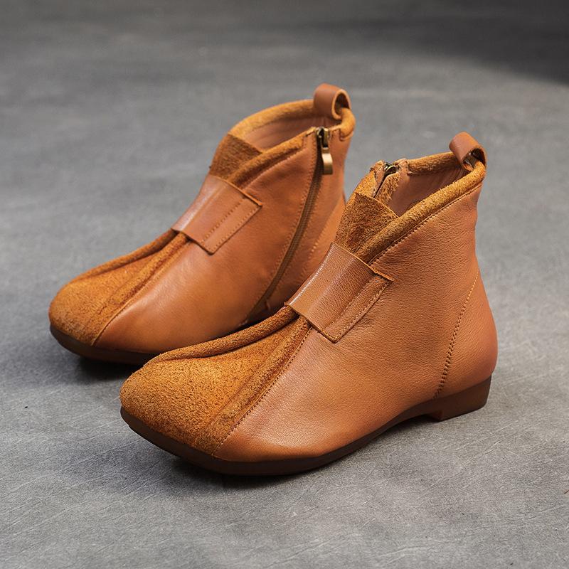 Johnature Sapatos femininos de couro legítimo, bota curta retrô confortável e de fundo plano