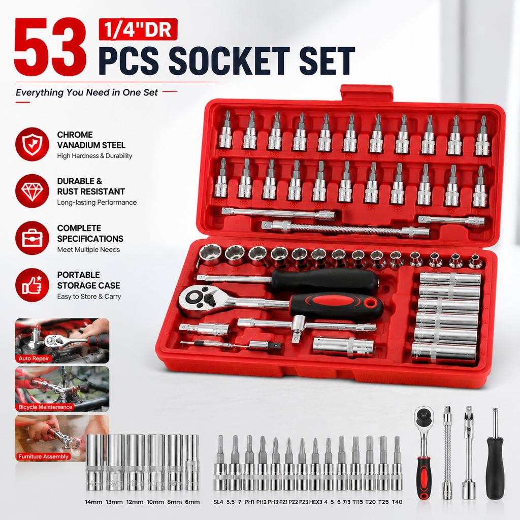 Budget Friendly 53pcs Metric Socket Ratchet Kit for Family Daily Repair Projects