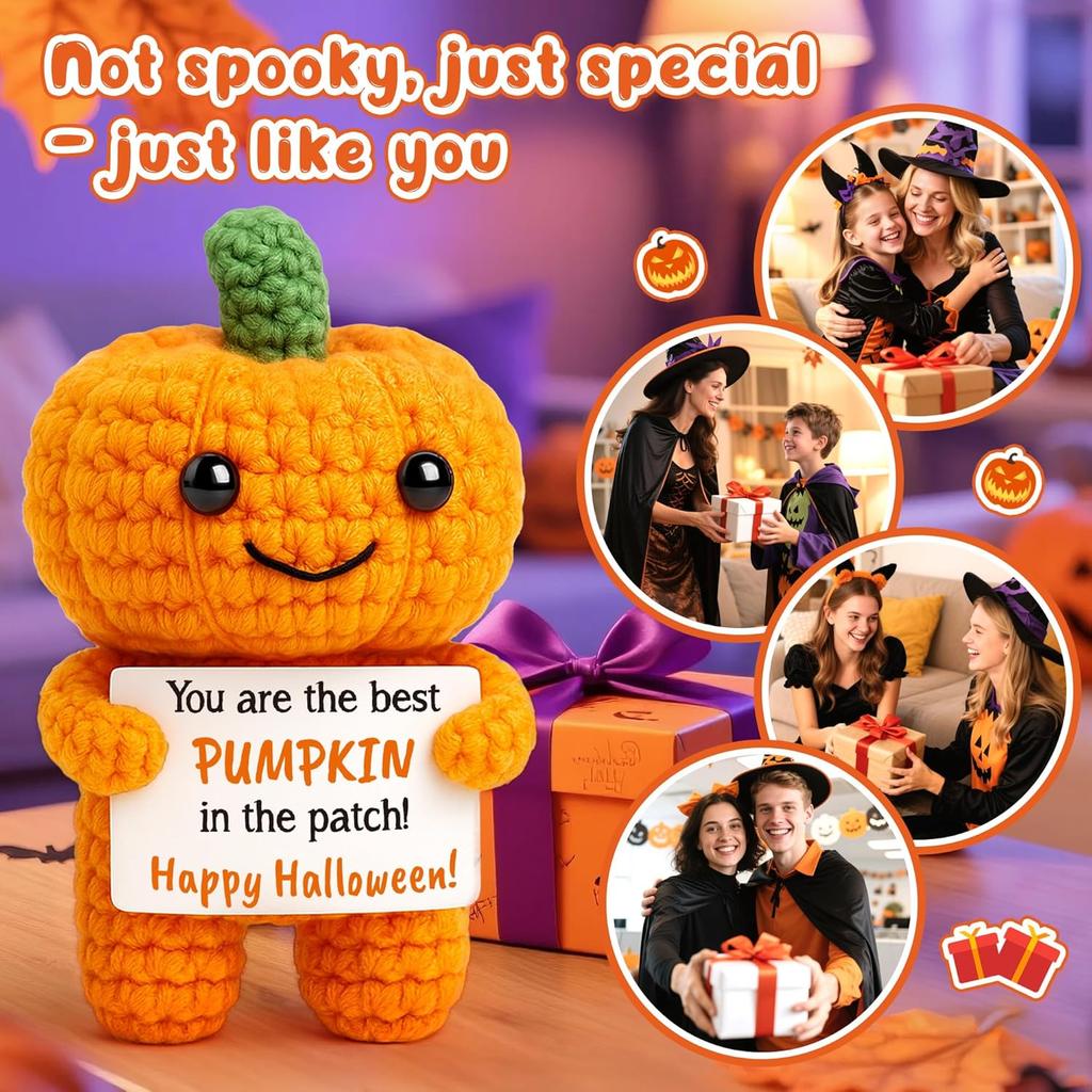 Poupée Citrouille de Soutien Émotionnel au Crochet Drôle avec Carte Ornement de Bureau Poupées Citrouilles Tricotées à la Main Cadeau d'Halloween Décoration de Maison