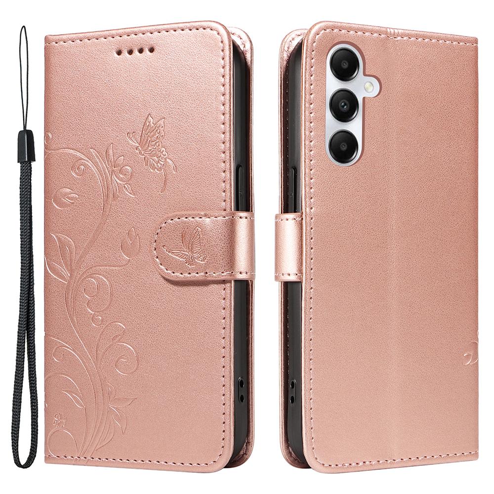 

For Samsung Galaxy A05s 4G PU Leather Cases Flower Pattern Wallet Stand Phone Cover with Strap Rose Gold
