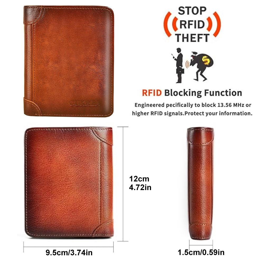 Men's Vintage Cowhide Wallet, RFID Protection Short Multi-Functional ID Card Credit Card Holder Top Layer Cowhide Money Bag 2 ID Card Windows