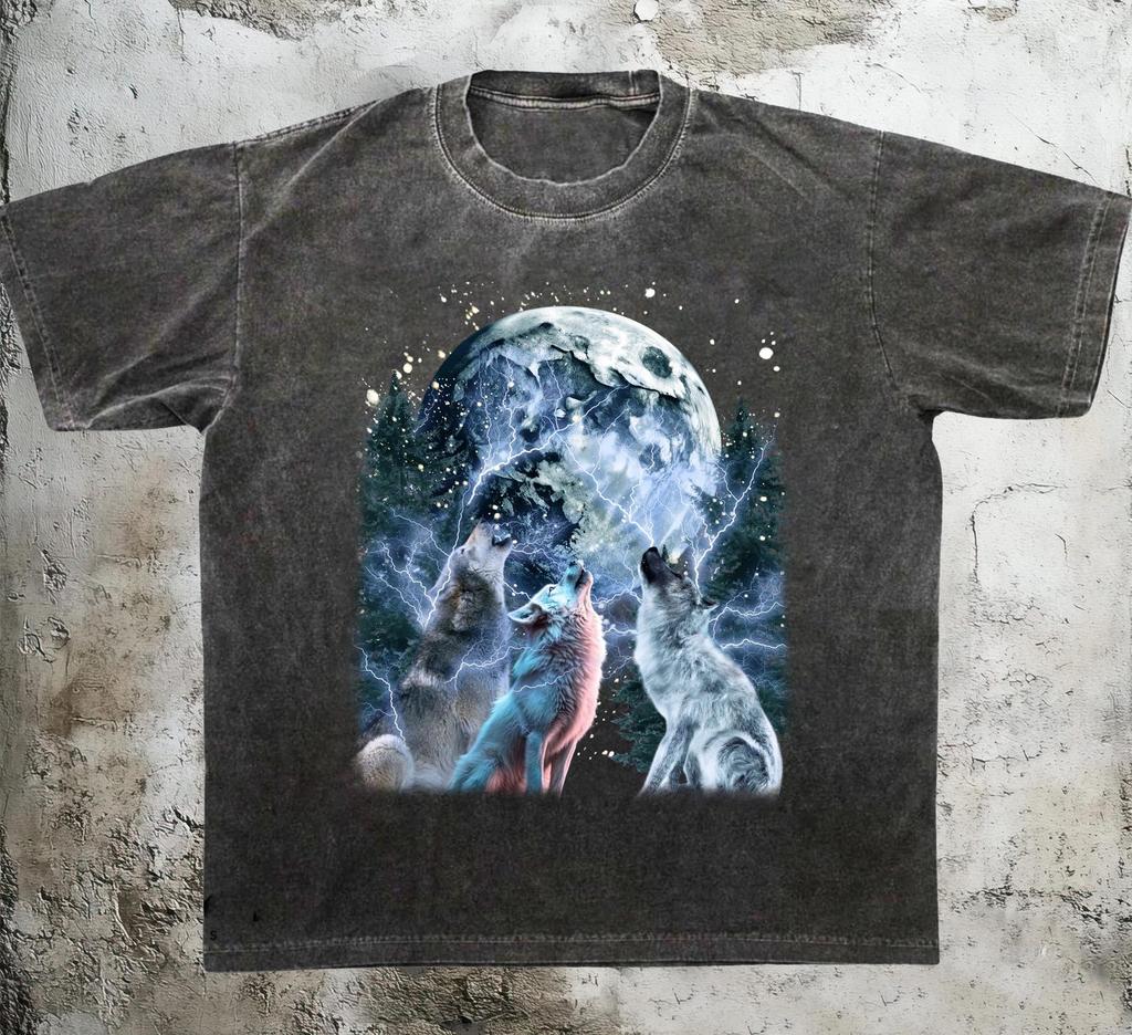 Three Howling Wolves Vintage 90s Graphic Shirt, Wild Nature Wolf Howling Moon Y2k Gothic