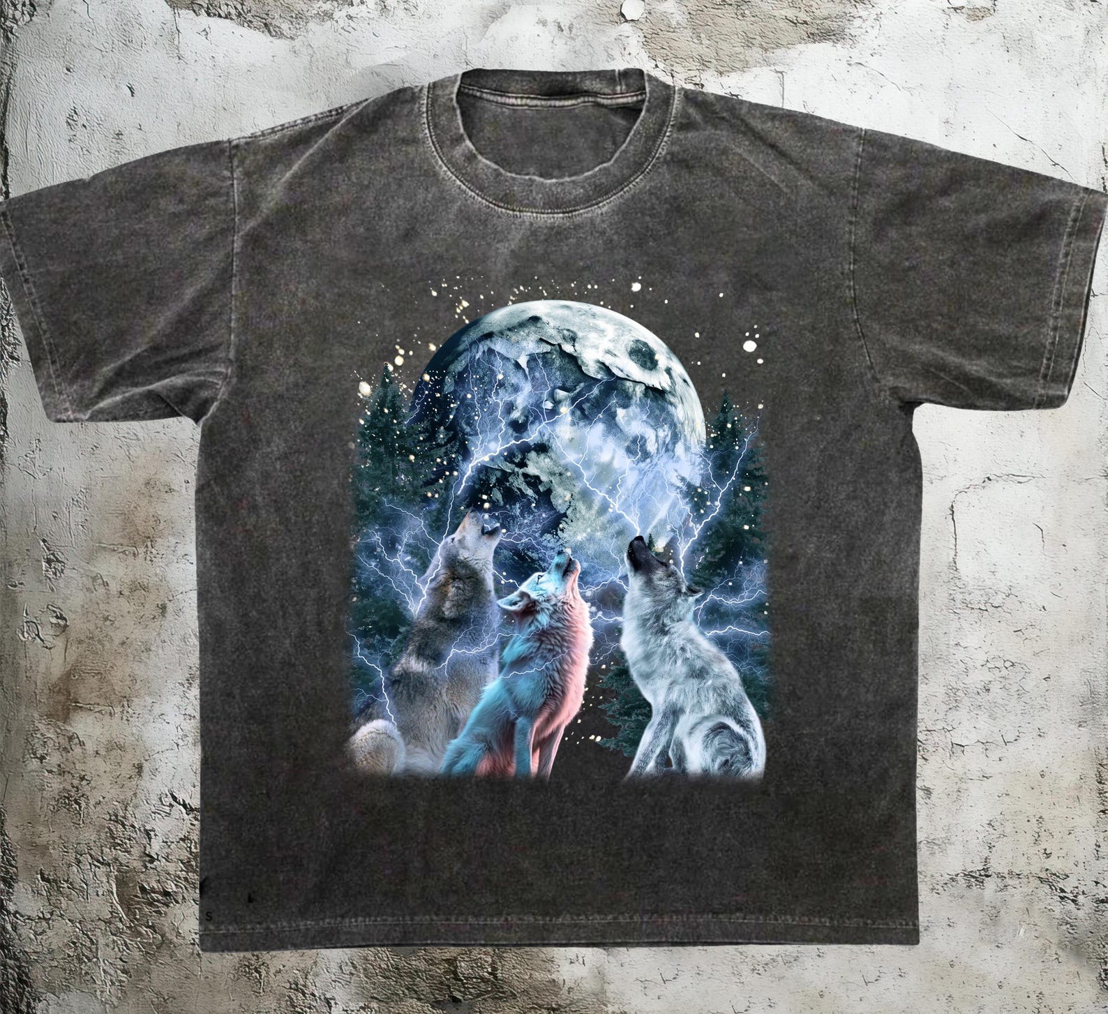 Three Howling Wolves Vintage 90s Graphic Shirt, Wild Nature Wolf Howling Moon Y2k Gothic S