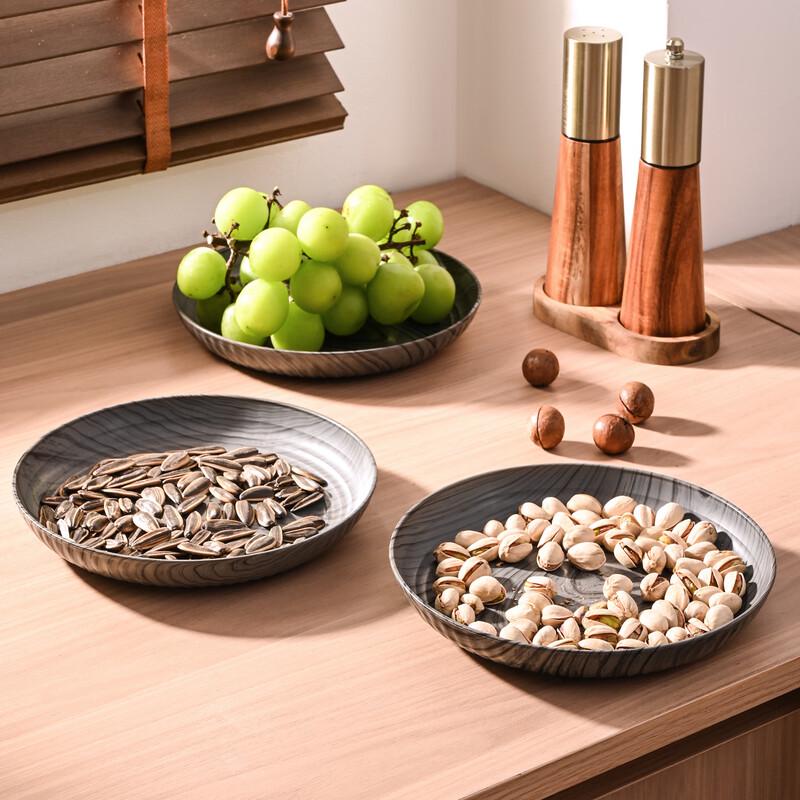 ZISIZ Round Plastic Grey Wood Grain Snack & Tea Tray
