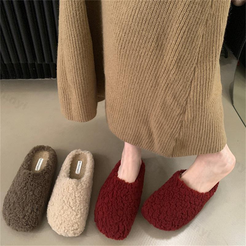 Damen Baumwoll Hausschuhe Mode Pelz Flache Mules Schuhe 2026 Neue Winter Plüsch Haus Hausschuh Warm Rutschfest Retro Hausschuhe Zapatos