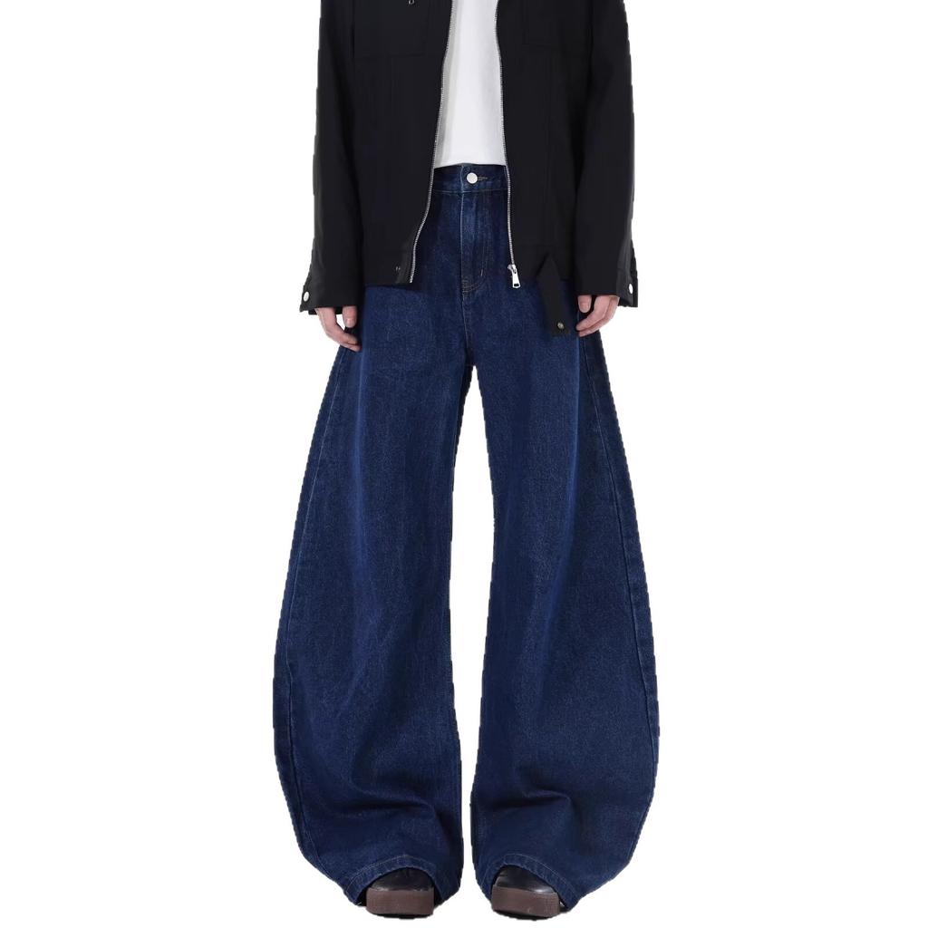 Plus size American vintage dark blue wide-leg jeans for men, loose trendy hip-covering, slimming drape curved blade floor-length pants