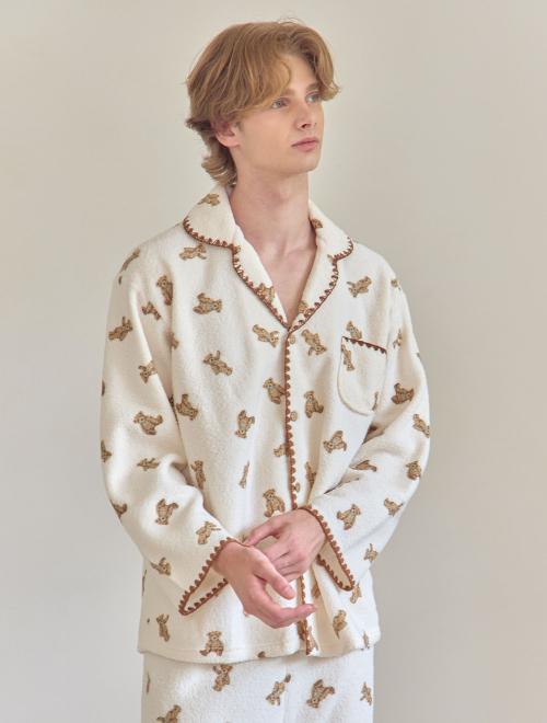 [LUNALUZ STUDIO] Men's Bear Mellow Fleece Long Sleeve Two-Piece Collar Pajama Set [Shipped from Korea] 100% Authentic