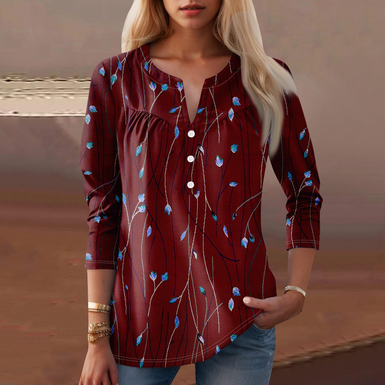 

Женская мода повседневная три четверти рукав V-образный вырез цветочный принт топ S винный