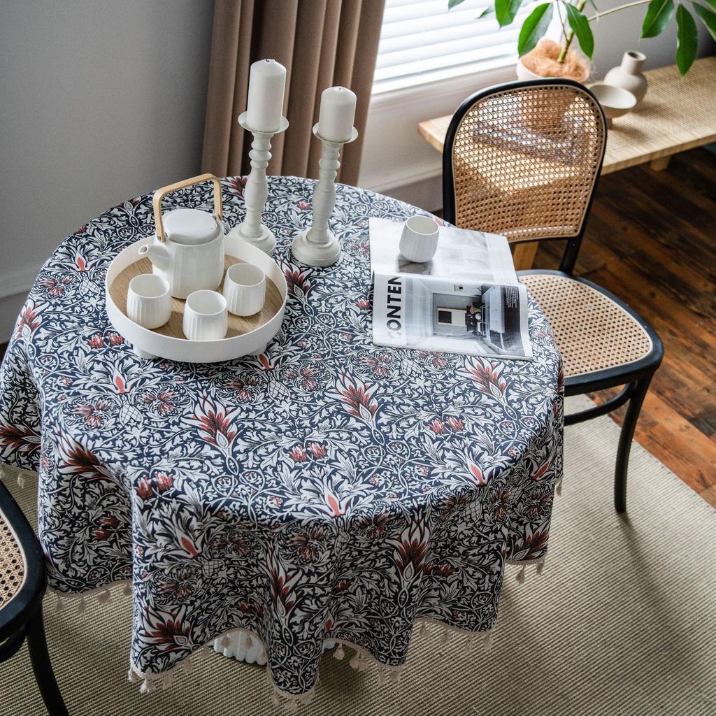 Decorative Tablecloth with Rice Base, Small Floral Print Round Green Fringe Cloth - Suitable for Holiday Dining Rooms, Living Rooms, Family Gatherings
