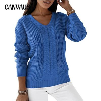 Autumn and Winter Women's Plus Size Sweater Long Sleeve V-Neck Solid Color Twist Casual Knit Pullover Top