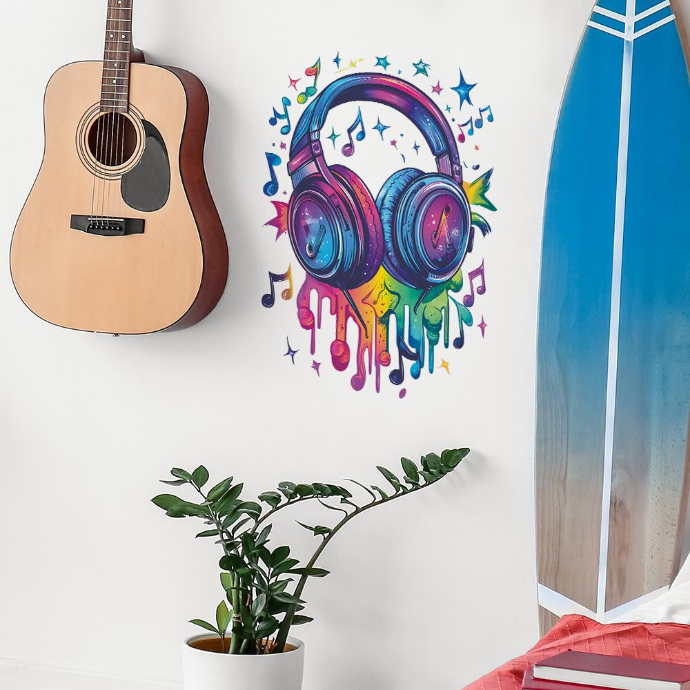 Vibrant Hand-Painted Headphones Music Notes Wall Sticker Self-Adhesive Removable for Bedroom Living Room Background Home Decor