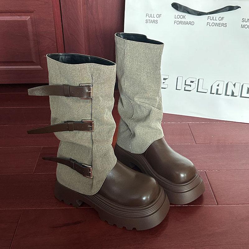 Mode Western Cowboy Mid-Calf Stiefel Damen Dicke Sohle Hosen Stacked Lang Ritter Botas Herbst Gürtelschnalle Retro Klobiger Absatz Schuh