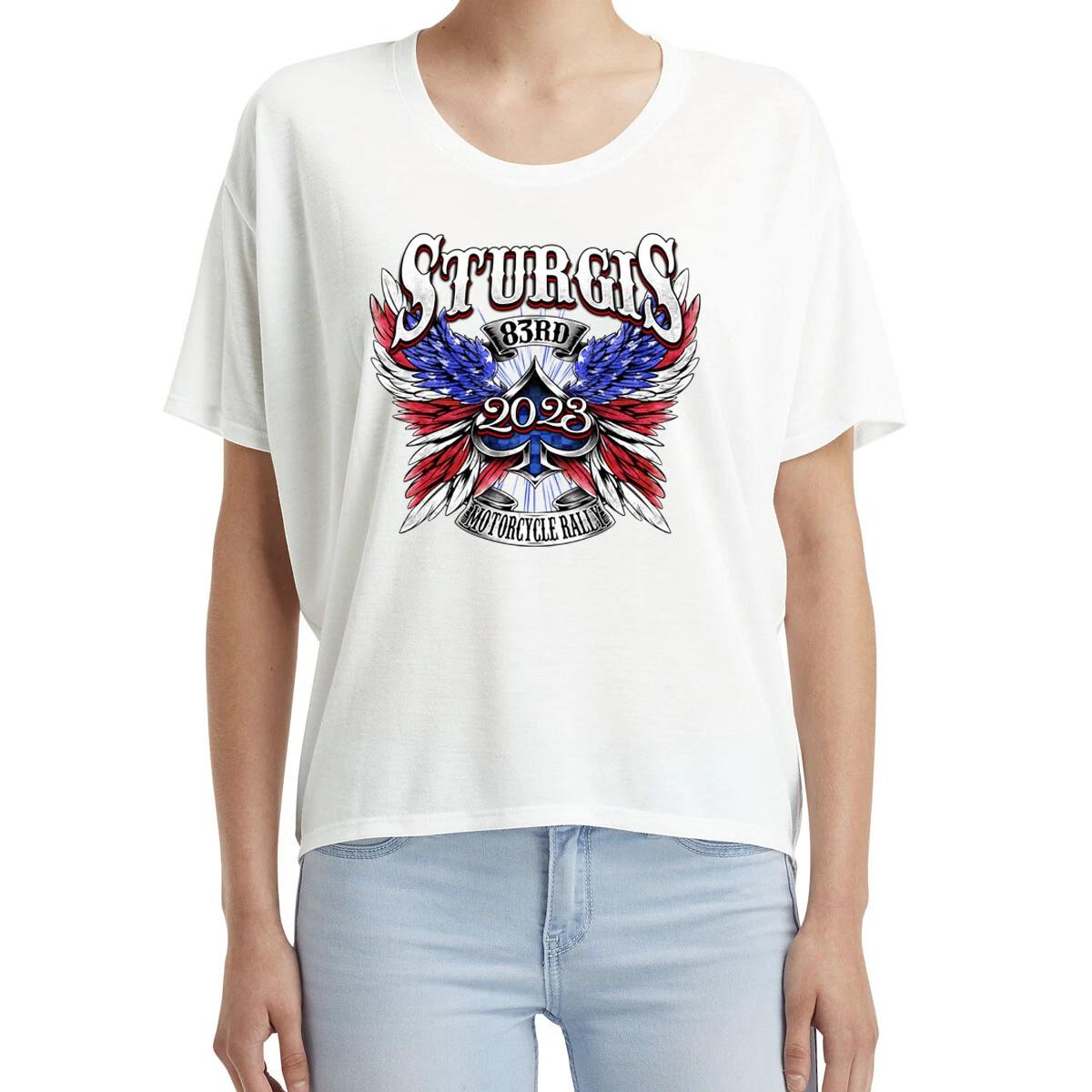 Ladies 2023 Sturgis Motorcycle Rally Patriotic Angel Freedom T-Shirt XXXL
