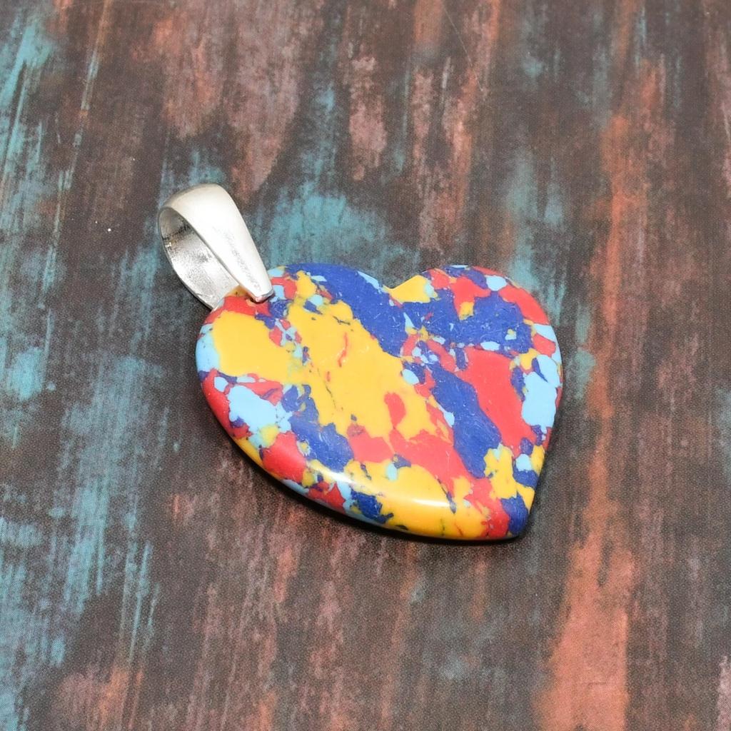 Piękny Jaspis Mozaikowy, Biżuteria Ręcznie Robiona z Kamieni Szlachetnych Wisiorek ze Srebra Próby 925