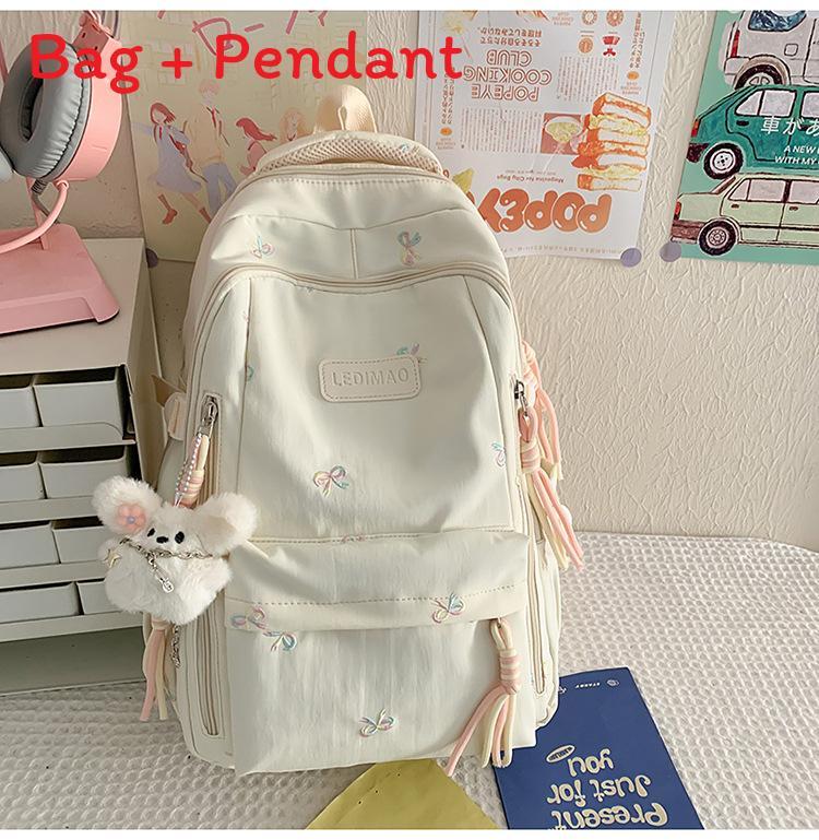 Cute Bowknot Embroidery Student Backpack For Middle School Girls Nylon Schoolbag белый