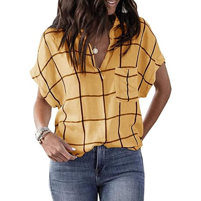 Spring and Summer New Fashion Women's Casual Loose Check Print Pocket V-Neck Short-Sleeved Plus Size Pullover T-Shirt