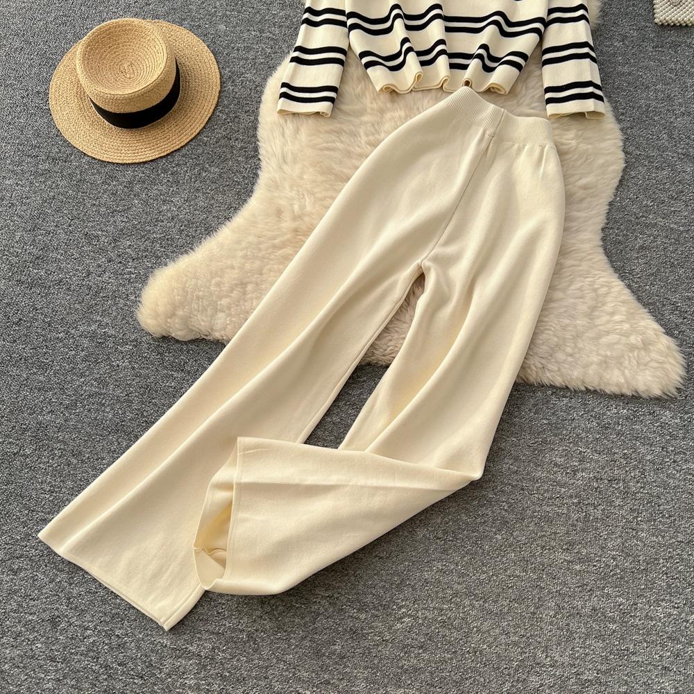 Autumn Winter Women Casual Striped Knitted Sweater Trouser Two Piece Set Full Sleeve Pullover Tops and Wide Leg Pant Tracksuit