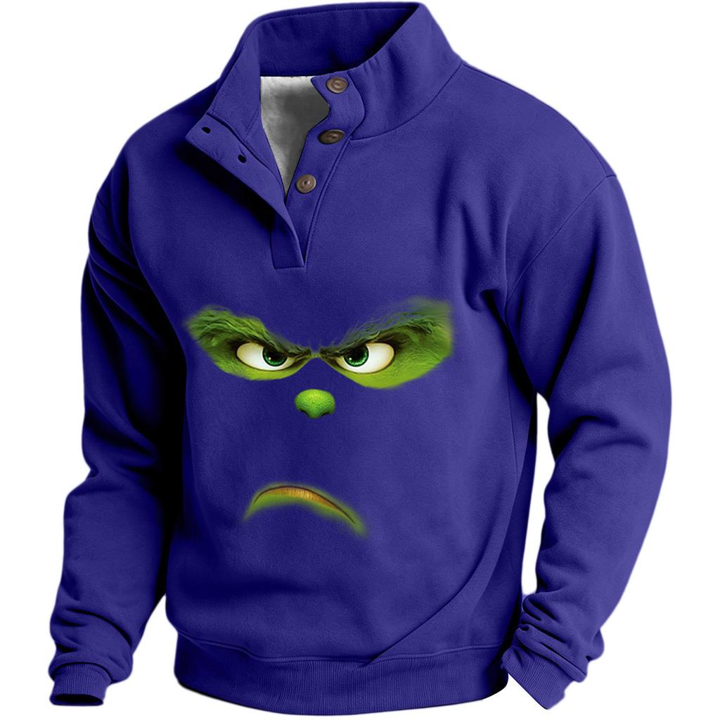 Men's Christmas Print Sweatshirt with Button Placket Casual Pullover