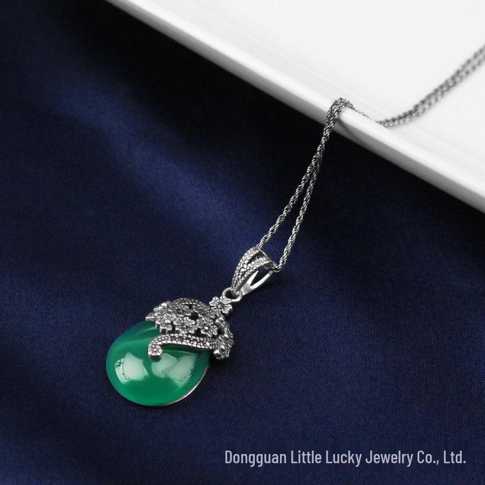 Jade Angel Vintage Women's Necklace Pendant with Chalcedony, Synthetic Garnet, and Cat's Eye Stones In S925 Thai Sterling Silver.