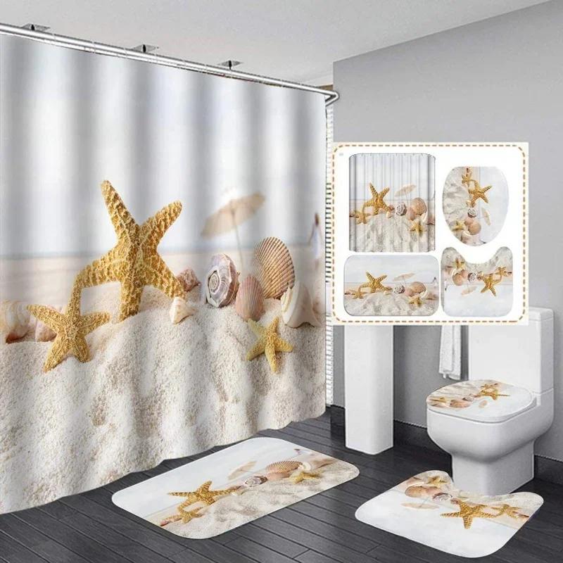 Bathroom Accessories Set Ocean Theme Shower Curtain Bath Mat Toilet Cover U Shape Pad Durable For Home Hotel Gifts