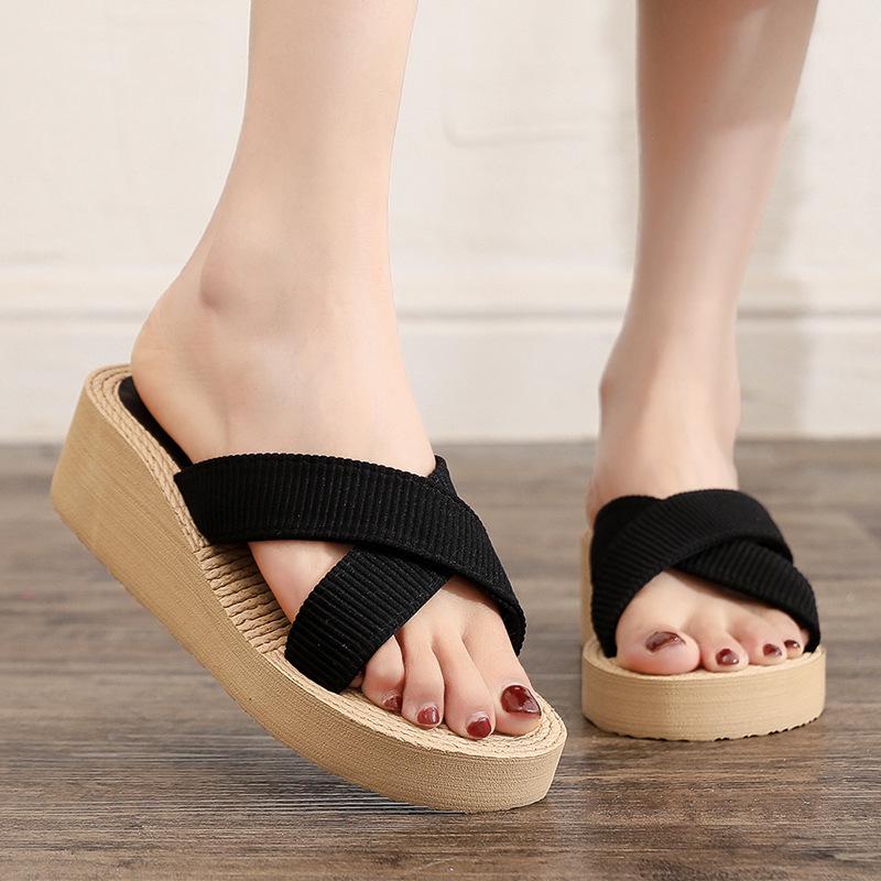 Women's Summer Wedge Sandals with Woven Hemp-Style Cross Straps and Thick Sole