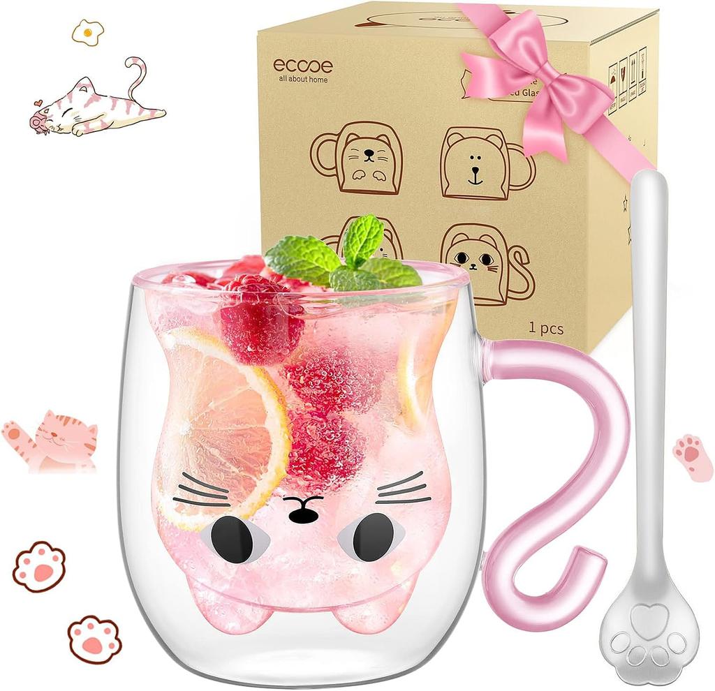 ecooe Double Wall Glass Cute 280ml Condensation Free Cat Double Wall Glass Cup Birthday Gift for Women Borosilicate Heat Resistant Glass Cup Stylish