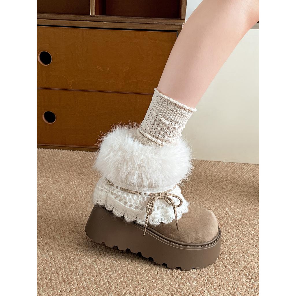 White thick-soled plush thickened fluffy snow boots women's winter warm outer wear non-slip cotton shoes