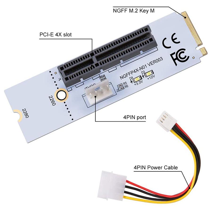 2 Set M.2 Key M NGFF to PCI-E 4X Adapter Converter Card w/ 4-Pin Power Cable Kit