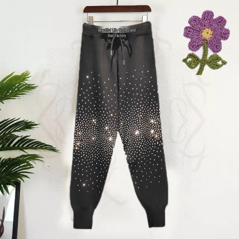 Plus Size Women's Stretchy Lace-up Knit Harem Pants - Slimming, Shiny Stamping, Casual Fit