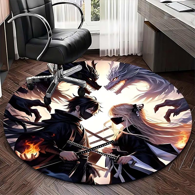 1 Stück Anime Drachen Design Runder Teppich Bürostuhlmatte, Rutschfester Teppich für Heimdekoration, Wohnzimmer, Schlafzimmer, Spielzimmer, Geschenk für Anime-Fans